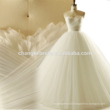 Long Tail Wedding Dress Feather Strapless Bridal Ball Gown Pleats Bubble Skirt Lace Up Back